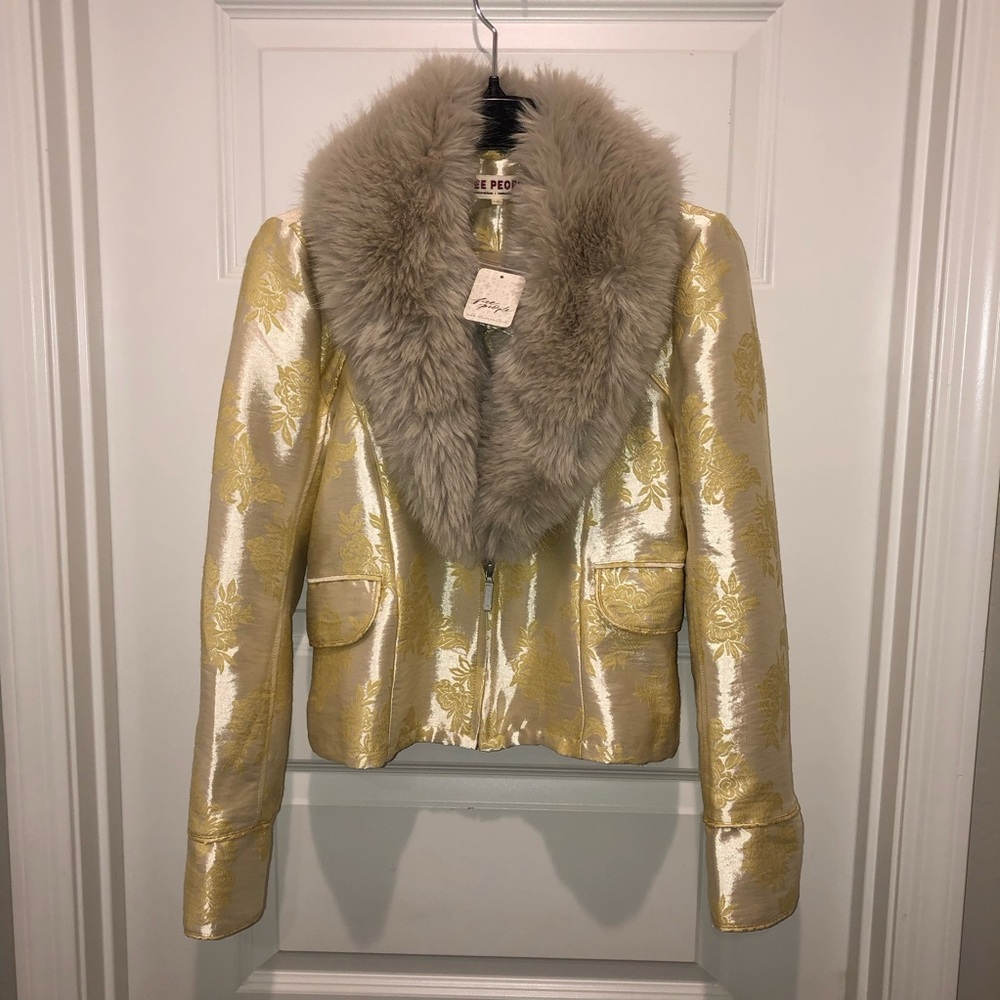New Free People French Exit Laluna Faux Fur Brocade Coat Jacket - Picture 2 of 7